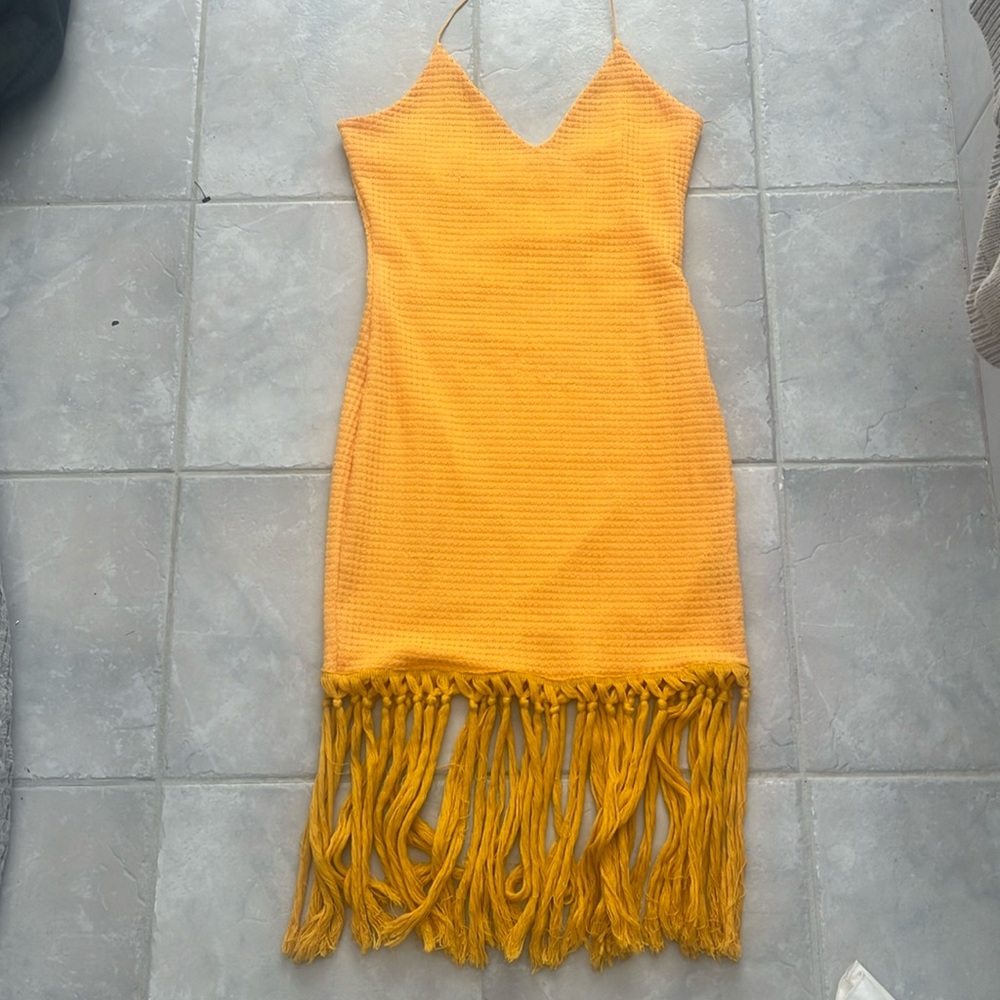 SHEIN, Yellow waffle, fringe, halter midi dress, size medium